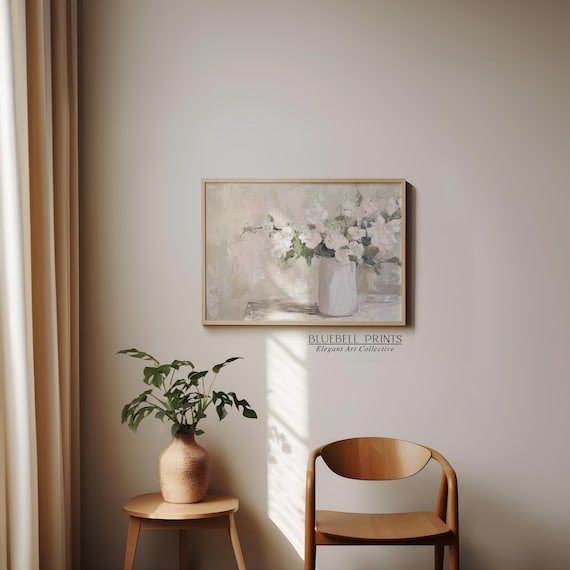 花瓶の中の白い花の油絵 | ニュートラルなフランスの農家の壁アート