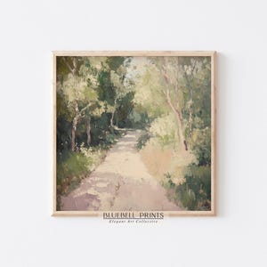 May include: A painting depicting a path winding through a forest, with verdant trees and a light brown dirt track. The path leads to a clearing in the distance. The painting is presented in a light brown frame.