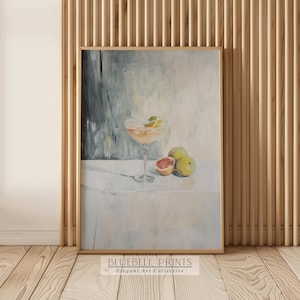 ムーディなフルーティーなカクテルの油絵 | カクテルバーカートとキッチンの壁アート | ヴィンテージモダン静物画プリント | 印刷可能なデジタル | BB 00660