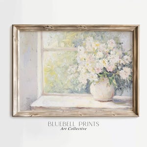 花瓶の中の白い花の油絵 | ニュートラルなフランスの農家の壁アート