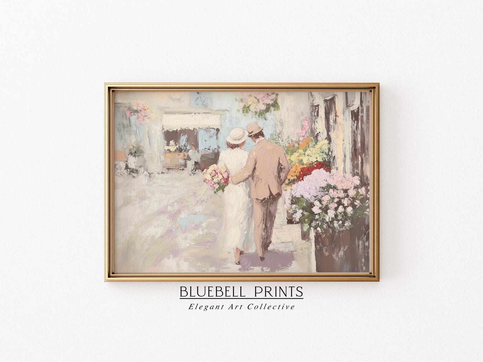 Vintage Romantic Couple Oil Painting | Soft Pink Flower Market Wall Art ...