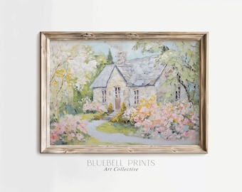 Pintura al óleo floral de estilo cottagecore inglés / Arte mural estilo cottagecore con tonos pastel / Impresión de paisaje primaveral vintage apagado / Impresión digital imprimible 01135