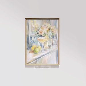 Cocktailstilleven olieverfschilderij | Pastelkleur keukenfeest muurkunst | Moderne vintage bloemen fruitreep print | AFDRUKBAAR digitaal | BB 00113