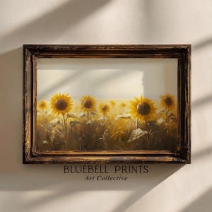 Sunflower Field Oil Painting | Rustic Country Farmhouse Flowers Wall Art | Warm Vintage Summer Landscape Print | PRINTABLE Digital BB 00726