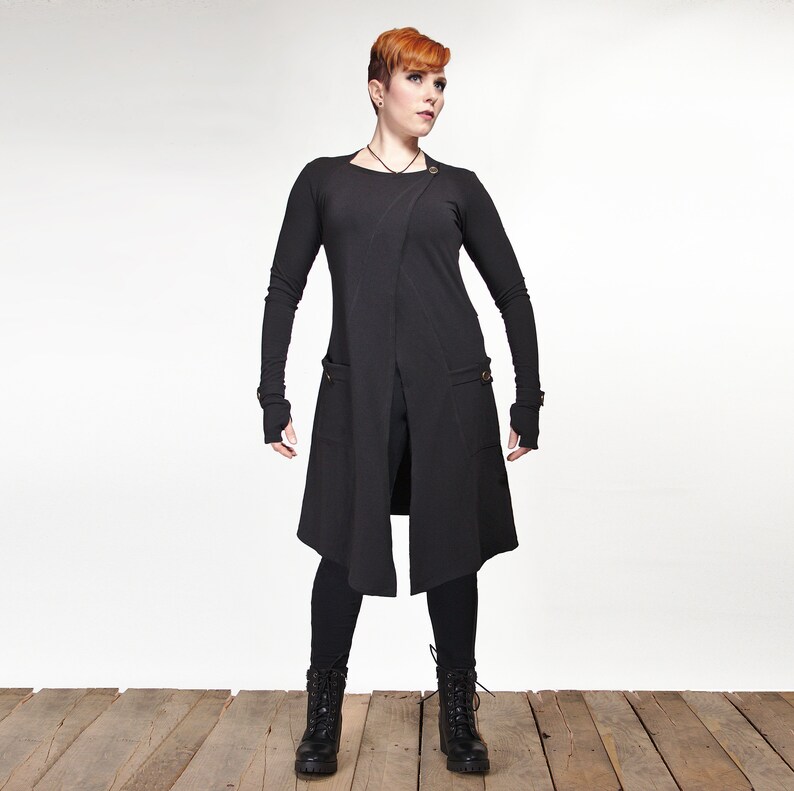 Long Cardigan Black Duster Cardigan with Pockets and Thumb Holes