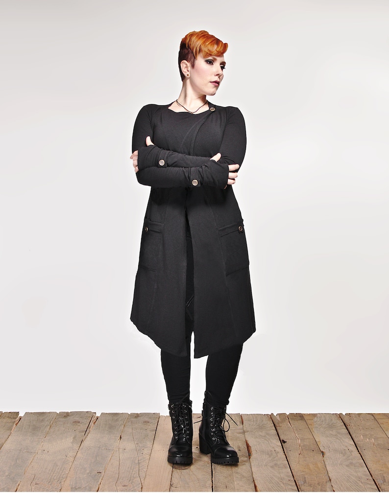Long Cardigan Black Duster Cardigan with Pockets and Thumb Holes
