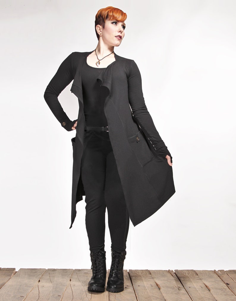 Long Cardigan Black Duster Cardigan with Pockets and Thumb Holes