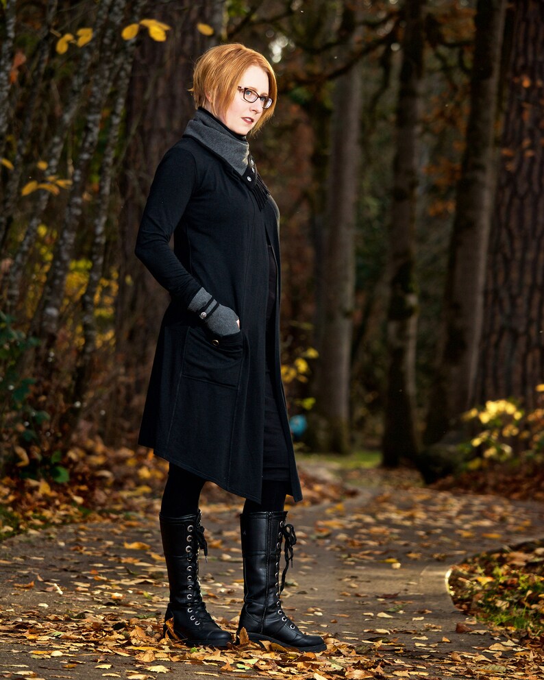 Long Cardigan Black Duster Cardigan with Pockets and Thumb Holes