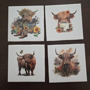 Highland Cow Ceramic Coasters: Rustic Home Decor, Set of 4
