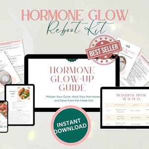 Puede incluir: Kit digital de reinicio Hormone Glow-Up con una guía, un plan de comidas y un programa de desintoxicación. El kit incluye una tableta, un ordenador portátil y un smartphone que muestran la guía y el plan de comidas.