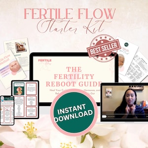 Puede incluir: Un paquete de productos digitales titulado "Fertile Flow Starter Kit" con una insignia de "Best Seller". El kit incluye una guía, un método y un vídeo, todos disponibles para descarga instantánea. El diseño presenta una combinación de colores rosa y verde.