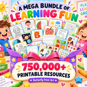 Pode incluir: Um pacote de produtos digitais intitulado A MEGA BUNDLE OF LEARNING FUN 750,000+ PRINTABLE RESOURCES com folhas de exercícios educativas coloridas, páginas para colorir e cartões de atividades para crianças numa caixa de presente roxa.