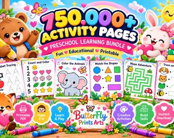 May include: A digital bundle of 750,000+ preschool activity pages featuring colorful illustrations of a bear, rabbit, and fox. The set includes printable worksheets for alphabet tracing, counting, animal coloring, shape matching, mazes, and tracing lines.