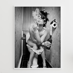 Bathroom Drink Poster, Black and White Bathroom Wall Art, Funny Woman Drinking on the Toilet, Vintage Fashion Magazine Poster