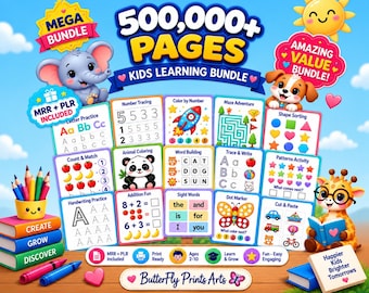 May include: A digital kids learning bundle featuring 500,000+ pages of educational activities including letter practice, number tracing, mazes, and coloring sheets. The graphic includes cartoon animals, a pencil holder, and books.