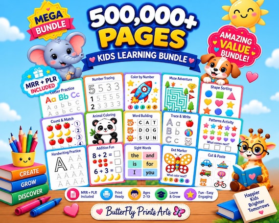 500,000+ Kids Learning Bundle PLR MRR | Coloring Pages, Printable Worksheets, Homeschool Activities & Games