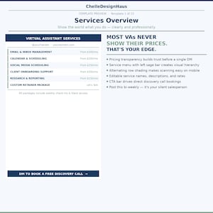 Könnte beinhalten: Eine digitale Vorlagenvorschau mit dem Titel Services Overview von ChelleDesignHaus. Sie zeigt ein Dienstleistungsmenü für virtuelle Assistenten mit Preisen, einschließlich E-Mail, Kalender, Social Media, Onboarding, Recherche und maßgeschneiderten Paketen.