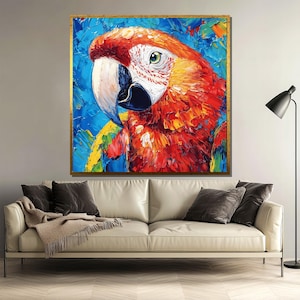 Scarlet Macaw Parrot Canvas Painting, Colorful Bird Wall Art, Exotic Wildlife Home Decor, Large Tropical Artwork, Unique Gift