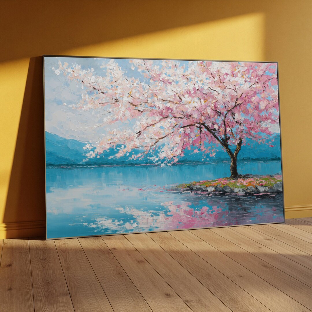Cherry Blossom Tree Canvas, Spring Floral Landscape, Pink and Blue ...