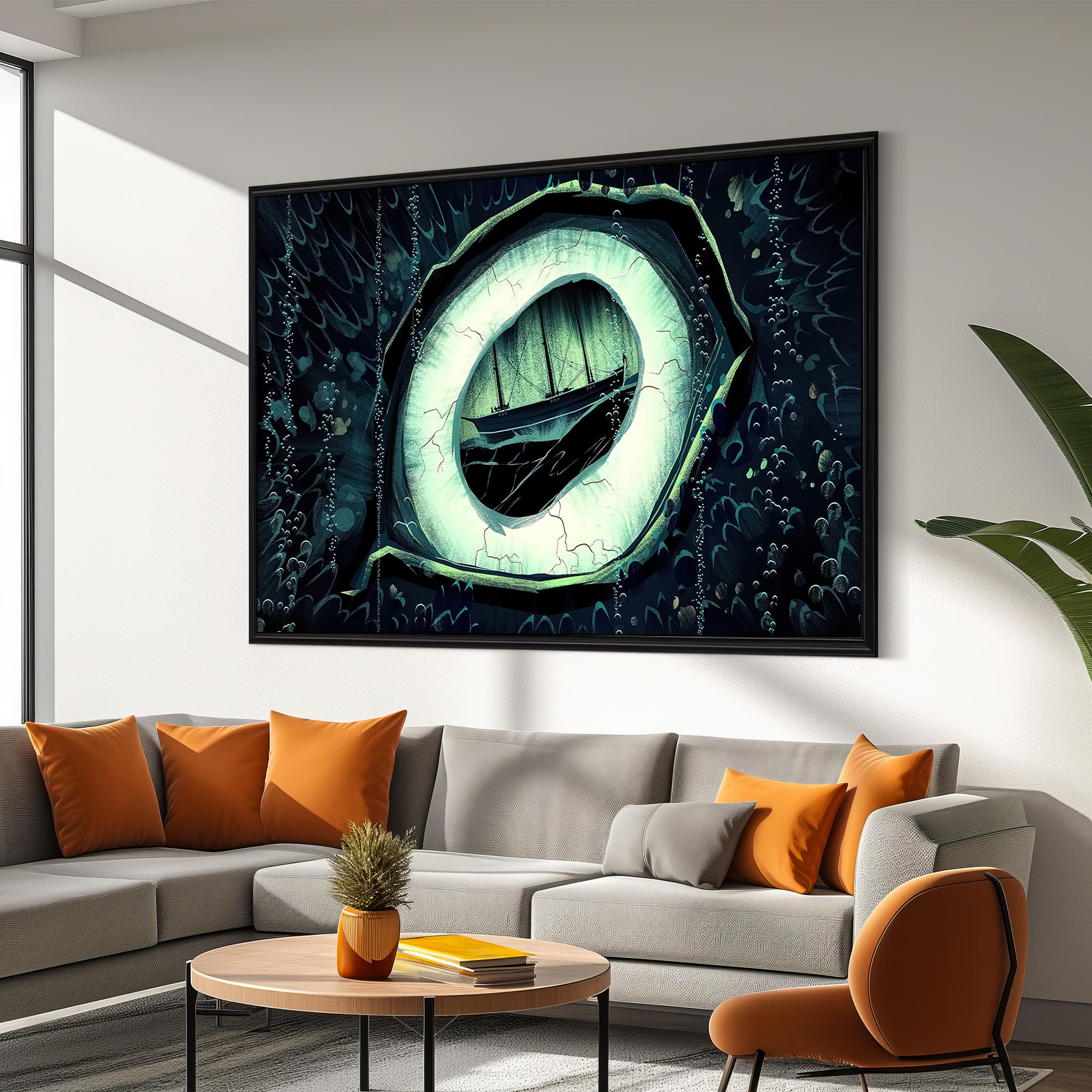 Viaje en alta mar / Fascinante reflejo de un barco en el ojo del Kraken / Arte surrealista único en lienzo con temática oceánica para amantes de la náutica