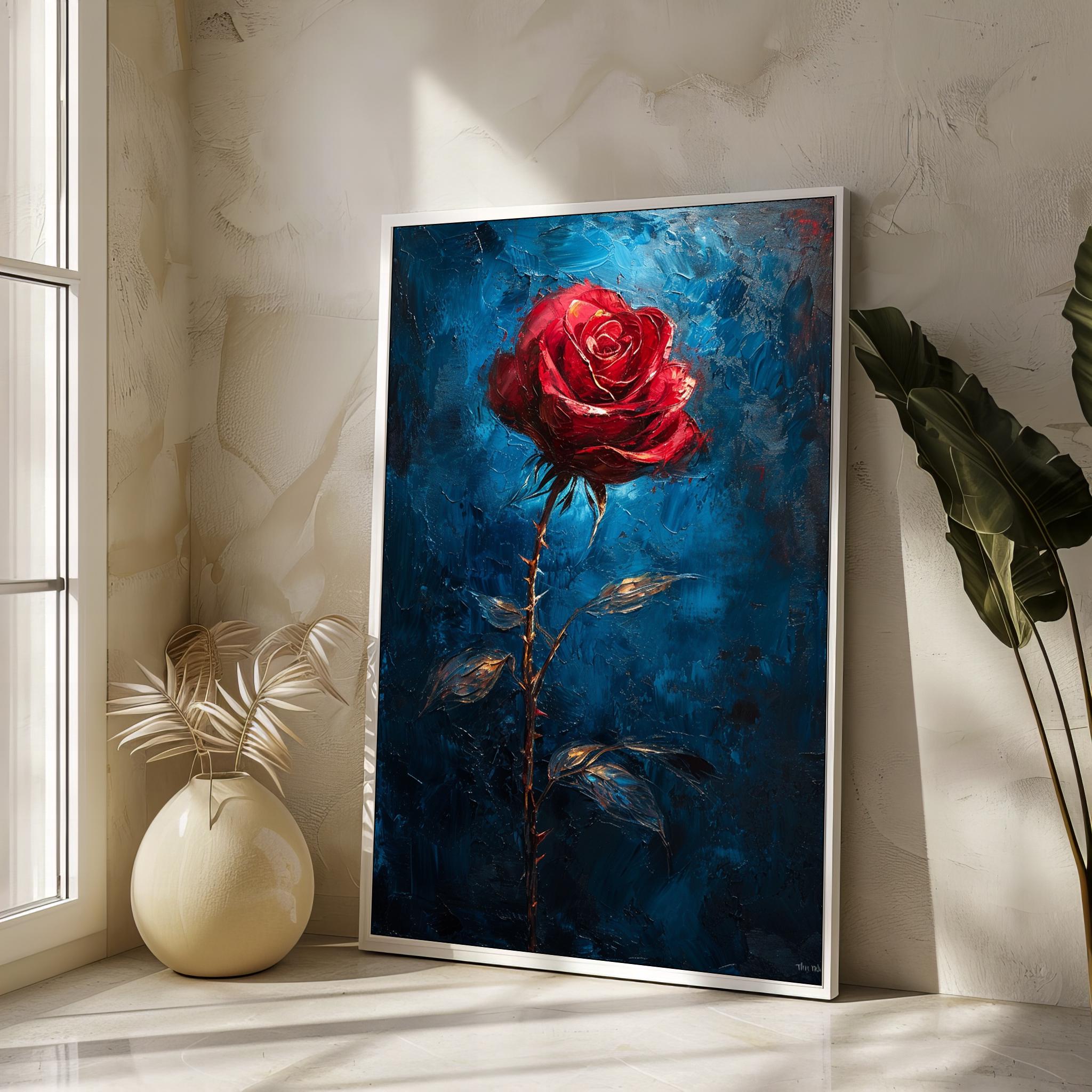Crimson Rose: Dramatic Red Rose on Deep Blue Canvas - Expressive