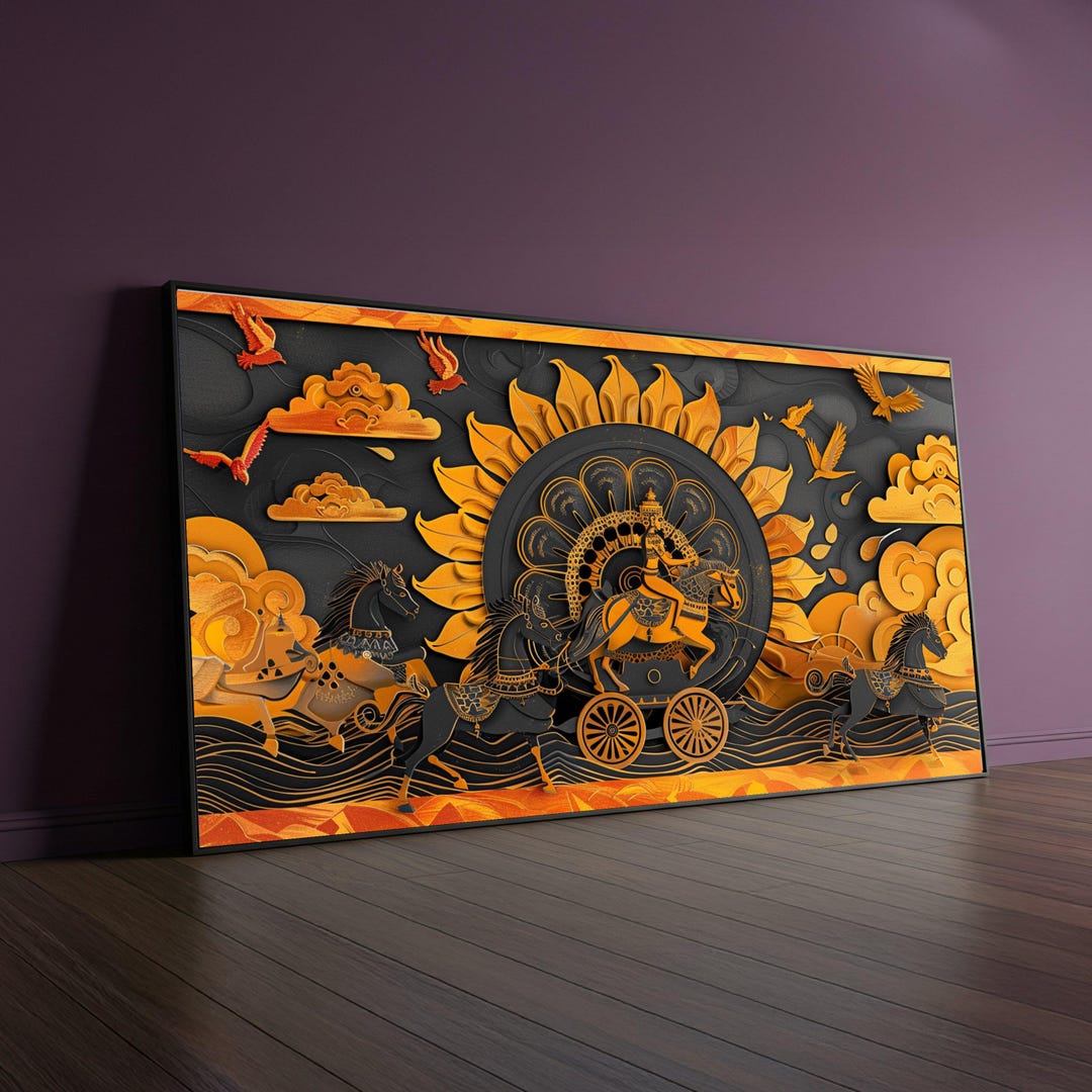 Mythical Chariot Ride Canvas, Sun Motif Wall Art, Ancient Horse and ...