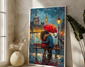London Rain Embrace Canvas Painting - Romantic Art Gift for Urban Lovers & Cozy Decor