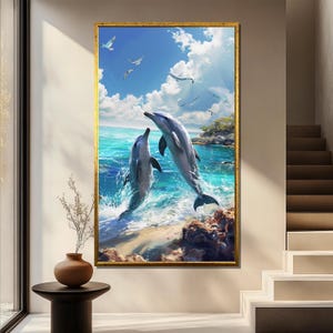 Delfine Leinwand Gemälde, Ozean Wand Kunst mit springenden Meerestieren, Strand Küsten Dekor Druck, Meeresleben Kunstwerk, Perfektes Geschenk