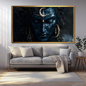 Dipinto su tela di Shiva, arte murale indù, opera d'arte del dio della luna celeste, arredamento spirituale per la casa, poster di energia mistica, tela di Shiva, regalo perfetto