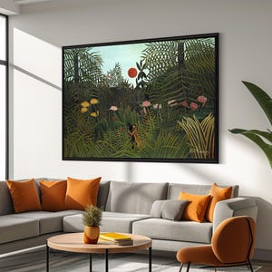 Henri Rousseau &#39;Jungle Landscape with Setting Sun&#39; Canvas Painting - Captivating Tropical Scene - Ideal Gift for Nature Art Enthusiasts