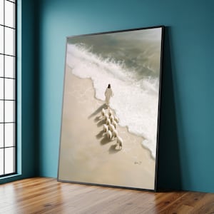 Jesus and Sheep Canvas Painting, Christian Wall Art Print with Beach Scene, Spiritual Faith Home Decor, Peaceful Biblical Artwork, Gift Idea