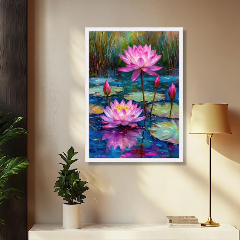 Lotus Flower Canvas Painting, Colorful Water Lily Wall Art With ...