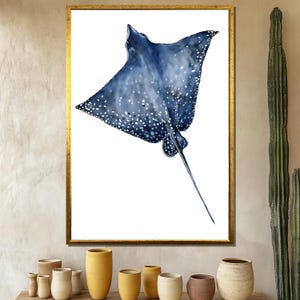 Blue Spotted Ray Leinwand Gemälde, Minimalistische Ozean Meereswelt Kunst, Küstenstrand Haus Dekor für Wohnzimmer, Nautisches Geschenk