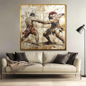 Ancient Gladiator Battle Canvas Painting, Spartan Warrior Wall Art, Historical Combat Decor, Vintage Fight Scene Artwork, Perfect Gift