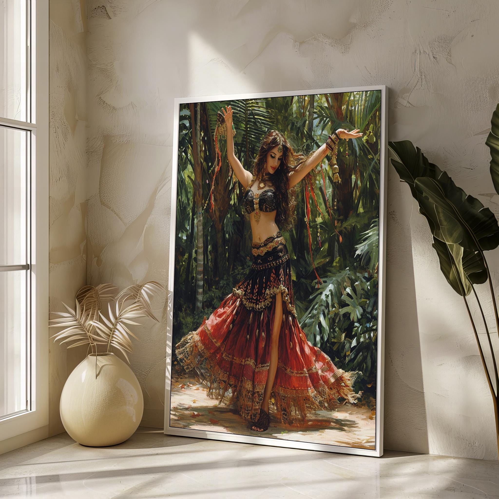 Exotic Belly Dancer Canvas Painting Gift - Enchanting Red and Gold Dance Art for Home Decor, Perfect for Dance Lovers