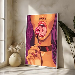 Seductive Dance Canvas Painting: Bold Pop Art Lips with Lollipop, A Playful and Sensual Statement Piece for Modern Home Decor