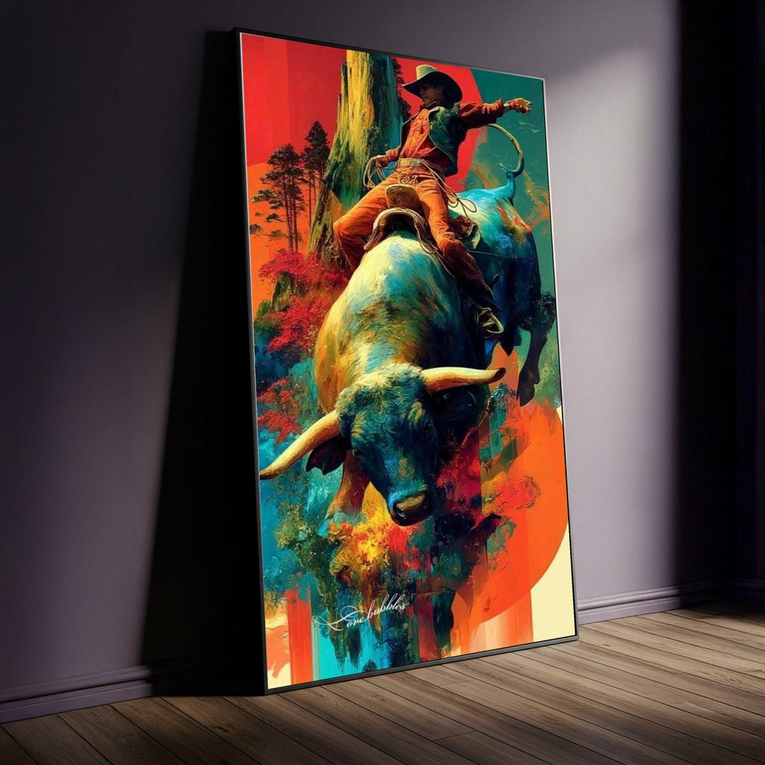 Vibrant Cowboy Riding Bull Canvas, Western Rodeo Art, Colorful Abstract ...