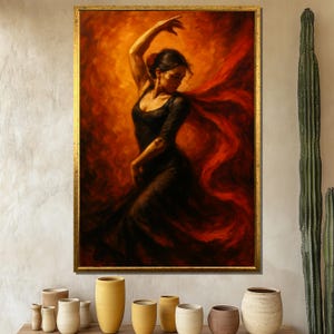Flamenco Dancer Canvas Painting, Passionate Woman Art Print with Red and Black Dress, Spanish Dance Wall Art, Elegant Artwork, Perfect Gift