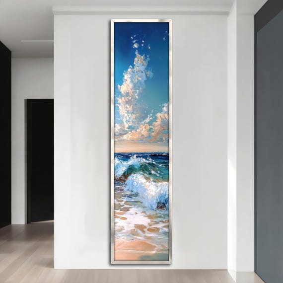 Ocean Waves Canvas Painting, Seascape Wall Art, Coastal Beach Decor, Large Vertical Artwork, Tranquil Blue Sea Print, Nautical Home Gift