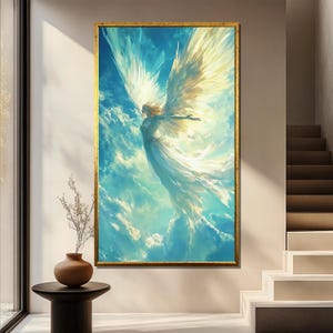 Heavenly Angel Canvas Painting, Guardian Angel Wall Art, Ethereal Sky Angel Decor, Celestial Spiritual Artwork, Gift for Home & Meditation