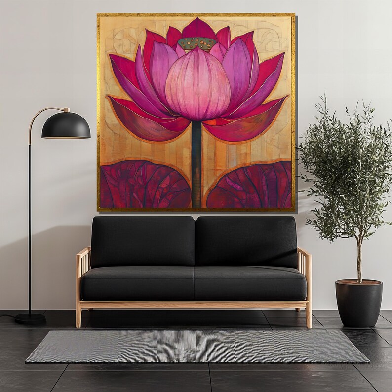 Lotus Flower Canvas Painting, Pink and Gold Spiritual Wall Art for ...