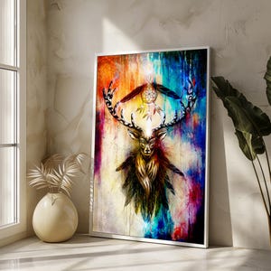 Vibrant Spirit Deer with Dreamcatcher - Mystical Wildlife Canvas Art for Nature Lovers, Bold Home Decor or Unique Gift