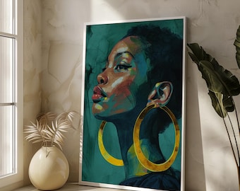 Bold Afrocentric Portrait Canvas Art - Striking Ethnic Woman with Large Hoop Earrings, Perfect Modern Wall Decor Gift