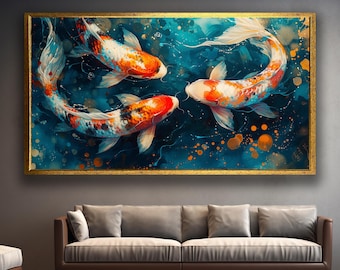 Pintura en lienzo de pez koi de estilo japonés: una representación vibrante y serena de la belleza acuática: regalo perfecto para los amantes del arte