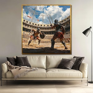 Epic Gladiator Battle Canvas Painting, Roman Colosseum Wall Art, Ancient Warrior Fight Scene, Historical Combat Print, Arena Artwork
