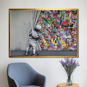 Colorful Graffiti Canvas Print, Boy Pulling Curtain Street Art, Urban Wall Decor, Vibrant Abstract Graffiti  Art, Room Decor, Perfect Gift