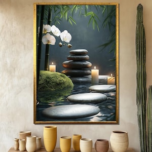 禅石と竹のキャンバス画、蘭の花の壁アート、リラックスできるスパの装飾、静かな自然の風景、ユニークなアートギフト
