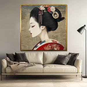 Geisha Canvas Painting, Japanese Woman Wall Art with Floral Hairpiece, Elegant Oriental Portrait, Vintage Home Decor, Perfect Gift