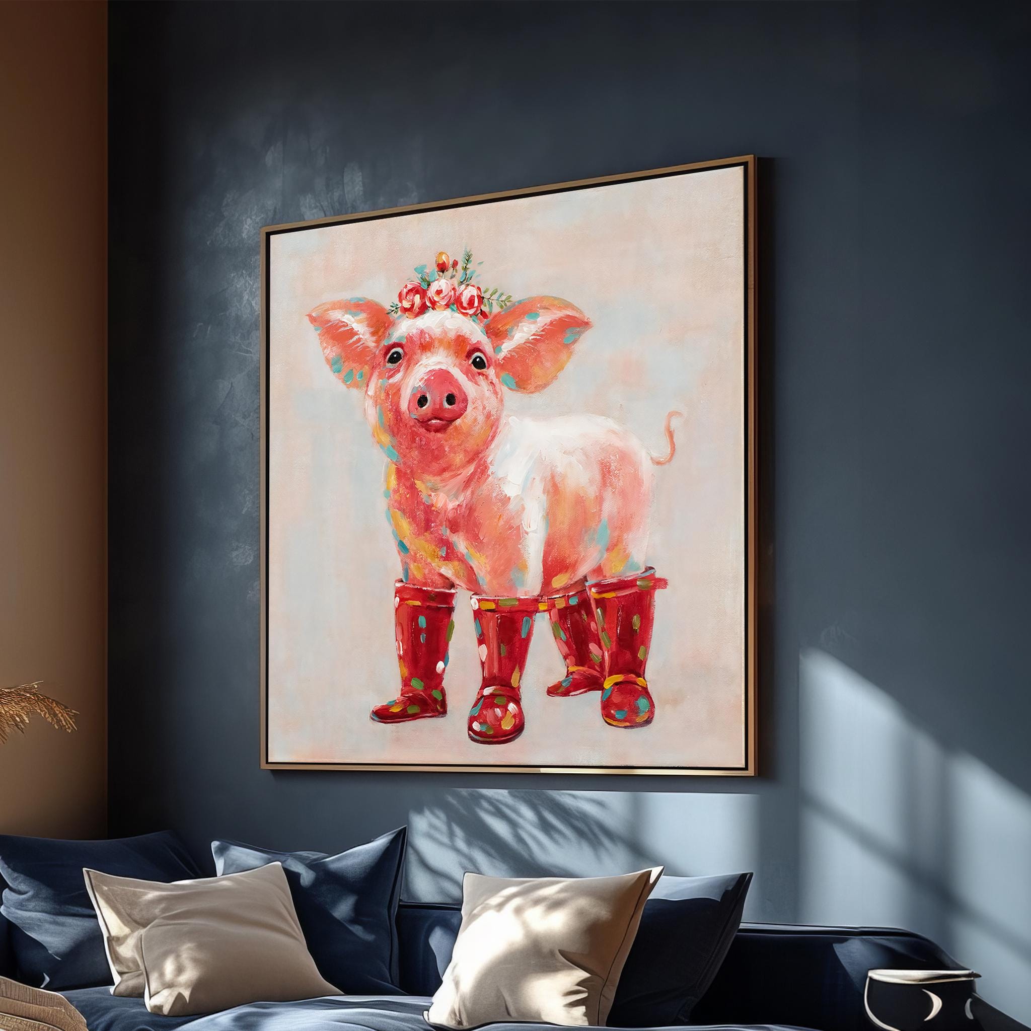 Charming Piglet in Red Rain Boots: Whimsical and Playful Animal Art on Canvas - Perfect for Fun Farmhouse Decor and Gifts