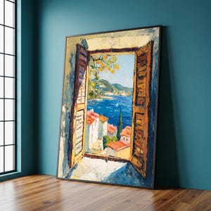 Mediterranean Sea View Canvas Painting – Ready to Hang Wall Art for Bedroom – Serene Coastal Gift for Relaxing Summer Atmosphere